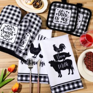 Sratte 6 Pcs Farmhouse Marble Dish Towels Pot Holders and Oven Mitts Sets Pink White and Gold Heat Resistant Kitchen Towels Farm Animal Kitchen Decoration for Baking Cooking Supply(Farm Animal)