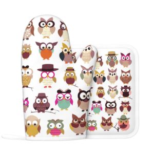 Oven Mitts Pot Holders Sets Funny Owl Cartoon Silicone Oven Gloves Kitchen Accessories for Baking Cooking Family Gathering