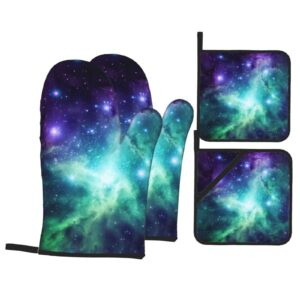 oven mitts and pot holders set of 4 green blue purple galaxy print kitchen oven glove fashion heat resistant oven gloves set for bbq grill baking cooking oven microwave