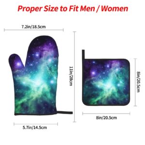 Oven Mitts and Pot Holders Set of 4 Green Blue Purple Galaxy Print Kitchen Oven Glove Fashion Heat Resistant Oven Gloves Set for BBQ Grill Baking Cooking Oven Microwave