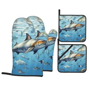 Oven Mitts and Pot Holders Set of 4 Ocean Fish Print Kitchen Oven Glove Fashion Heat Resistant Oven Gloves Set for BBQ Grill Baking Cooking Oven Microwave