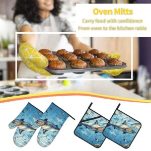 Oven Mitts and Pot Holders Set of 4 Ocean Fish Print Kitchen Oven Glove Fashion Heat Resistant Oven Gloves Set for BBQ Grill Baking Cooking Oven Microwave