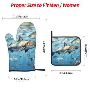Oven Mitts and Pot Holders Set of 4 Ocean Fish Print Kitchen Oven Glove Fashion Heat Resistant Oven Gloves Set for BBQ Grill Baking Cooking Oven Microwave