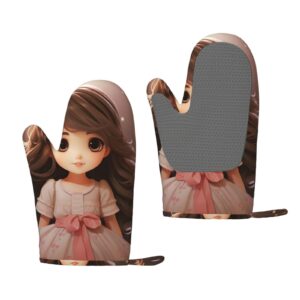 cute little girl printed oven mitts heat resistant oven gloves non-slip silicone kitchen gloves for cooking baking bbq gloves 1 pair