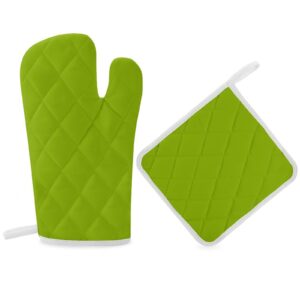 2pcs oven mitts and pot holders set, lime green white oven mitts gloves set heat resistant hot pads for kitchen cooking grill