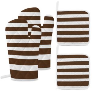 4pcs oven mitts and pot holders sets, classic stripes brown and white oven mitts set heat resistant kitchen microwave gloves safe for baking,cooking, bbq