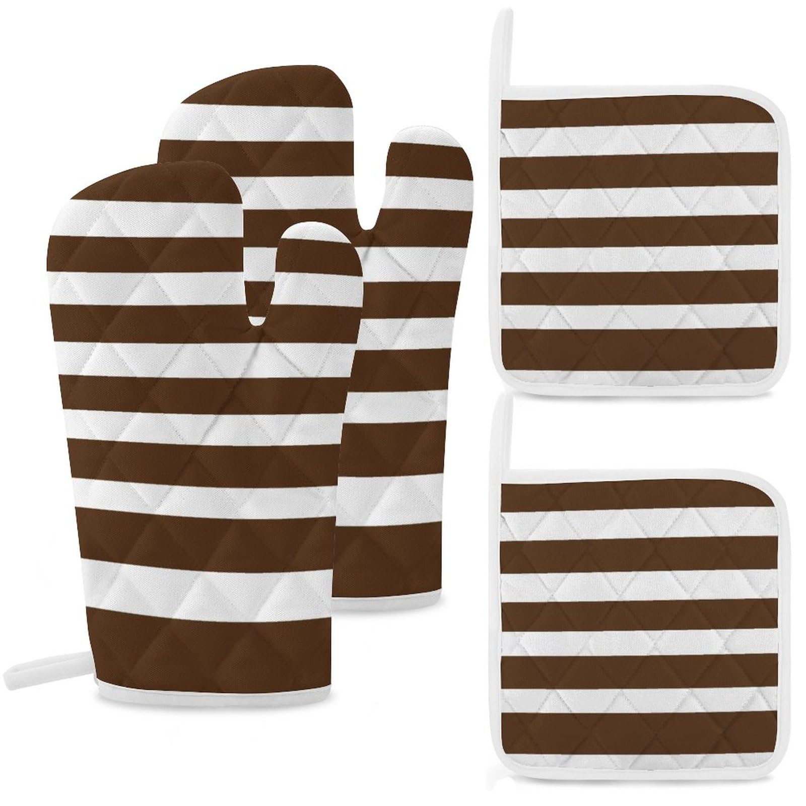 4PCS Oven Mitts and Pot Holders Sets, Classic Stripes Brown and White Oven Mitts Set Heat Resistant Kitchen Microwave Gloves Safe for Baking,Cooking, BBQ