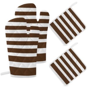 4PCS Oven Mitts and Pot Holders Sets, Classic Stripes Brown and White Oven Mitts Set Heat Resistant Kitchen Microwave Gloves Safe for Baking,Cooking, BBQ