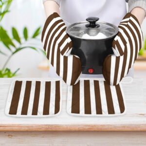 4PCS Oven Mitts and Pot Holders Sets, Classic Stripes Brown and White Oven Mitts Set Heat Resistant Kitchen Microwave Gloves Safe for Baking,Cooking, BBQ