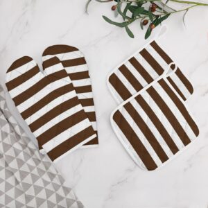 4PCS Oven Mitts and Pot Holders Sets, Classic Stripes Brown and White Oven Mitts Set Heat Resistant Kitchen Microwave Gloves Safe for Baking,Cooking, BBQ