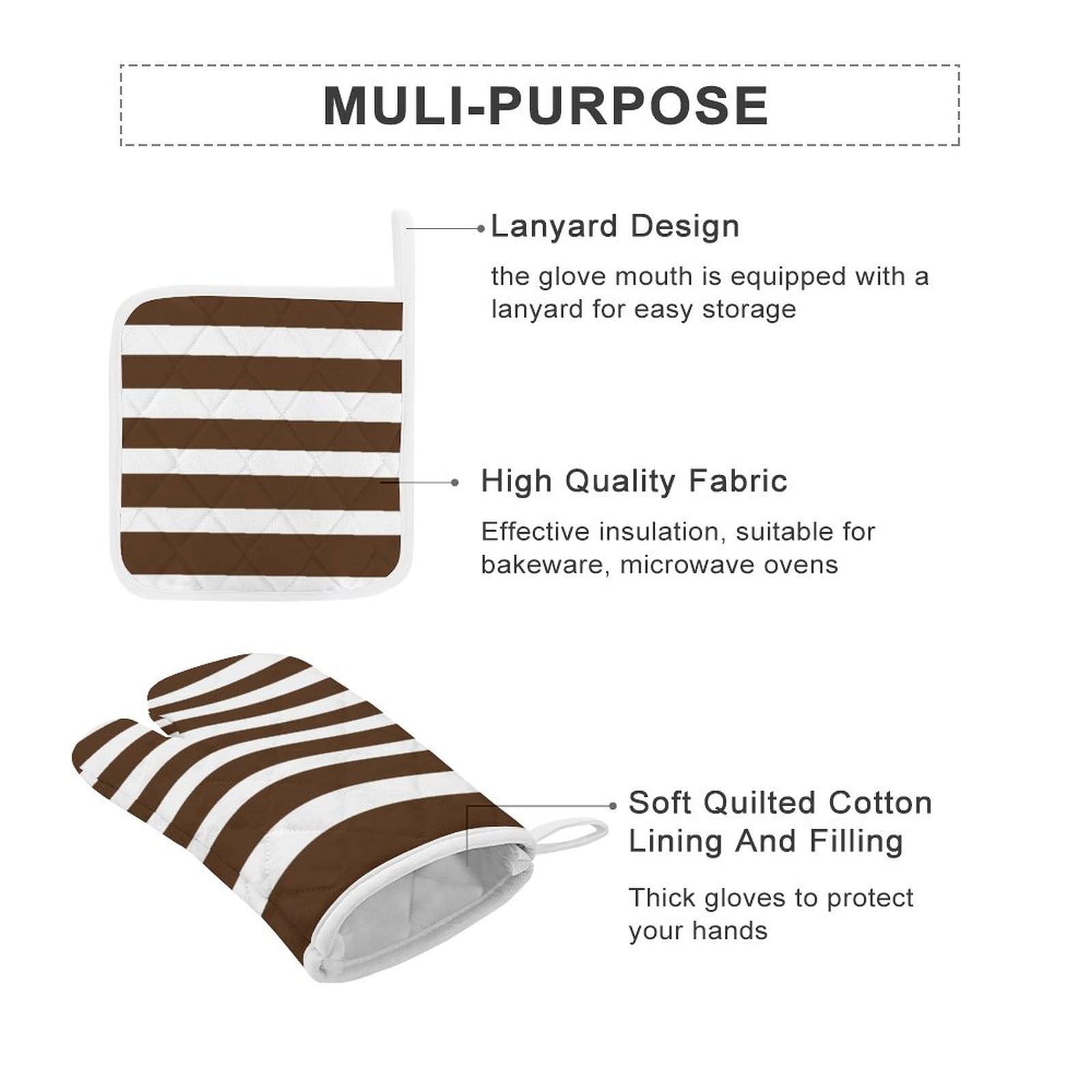 4PCS Oven Mitts and Pot Holders Sets, Classic Stripes Brown and White Oven Mitts Set Heat Resistant Kitchen Microwave Gloves Safe for Baking,Cooking, BBQ
