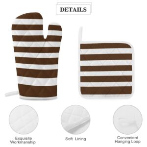 4PCS Oven Mitts and Pot Holders Sets, Classic Stripes Brown and White Oven Mitts Set Heat Resistant Kitchen Microwave Gloves Safe for Baking,Cooking, BBQ