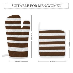 4PCS Oven Mitts and Pot Holders Sets, Classic Stripes Brown and White Oven Mitts Set Heat Resistant Kitchen Microwave Gloves Safe for Baking,Cooking, BBQ