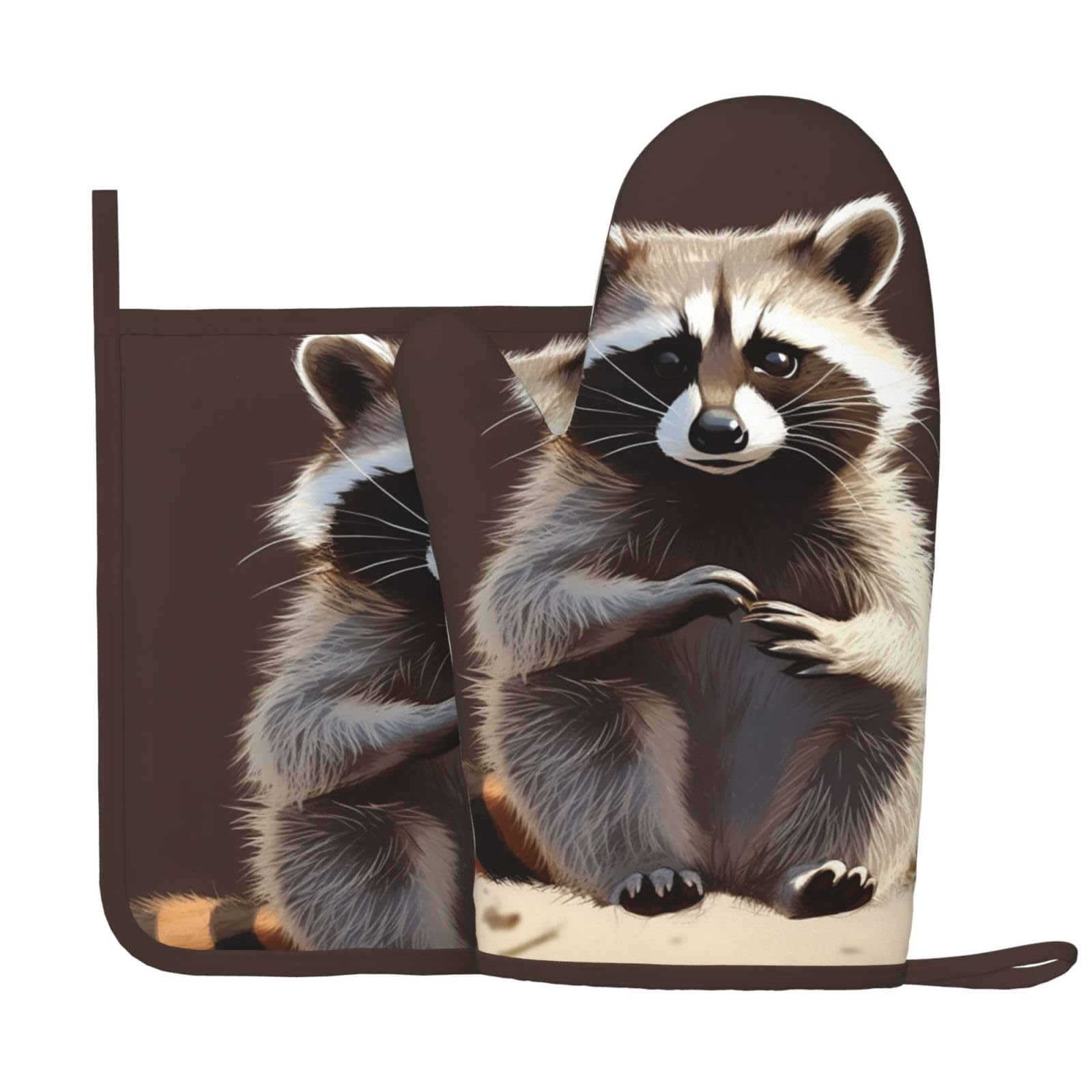 Cute Raccoon Printed Oven Mitts and Pot Holders Sets Heat Resistant Kitchen Oven Gloves Potholders Set Extra Long Non-Slip Silicone Gloves for Cooking Baking BBQ