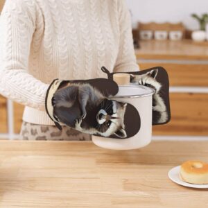 Cute Raccoon Printed Oven Mitts and Pot Holders Sets Heat Resistant Kitchen Oven Gloves Potholders Set Extra Long Non-Slip Silicone Gloves for Cooking Baking BBQ