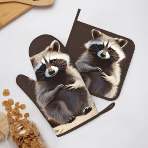 Cute Raccoon Printed Oven Mitts and Pot Holders Sets Heat Resistant Kitchen Oven Gloves Potholders Set Extra Long Non-Slip Silicone Gloves for Cooking Baking BBQ