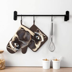 Cute Raccoon Printed Oven Mitts and Pot Holders Sets Heat Resistant Kitchen Oven Gloves Potholders Set Extra Long Non-Slip Silicone Gloves for Cooking Baking BBQ