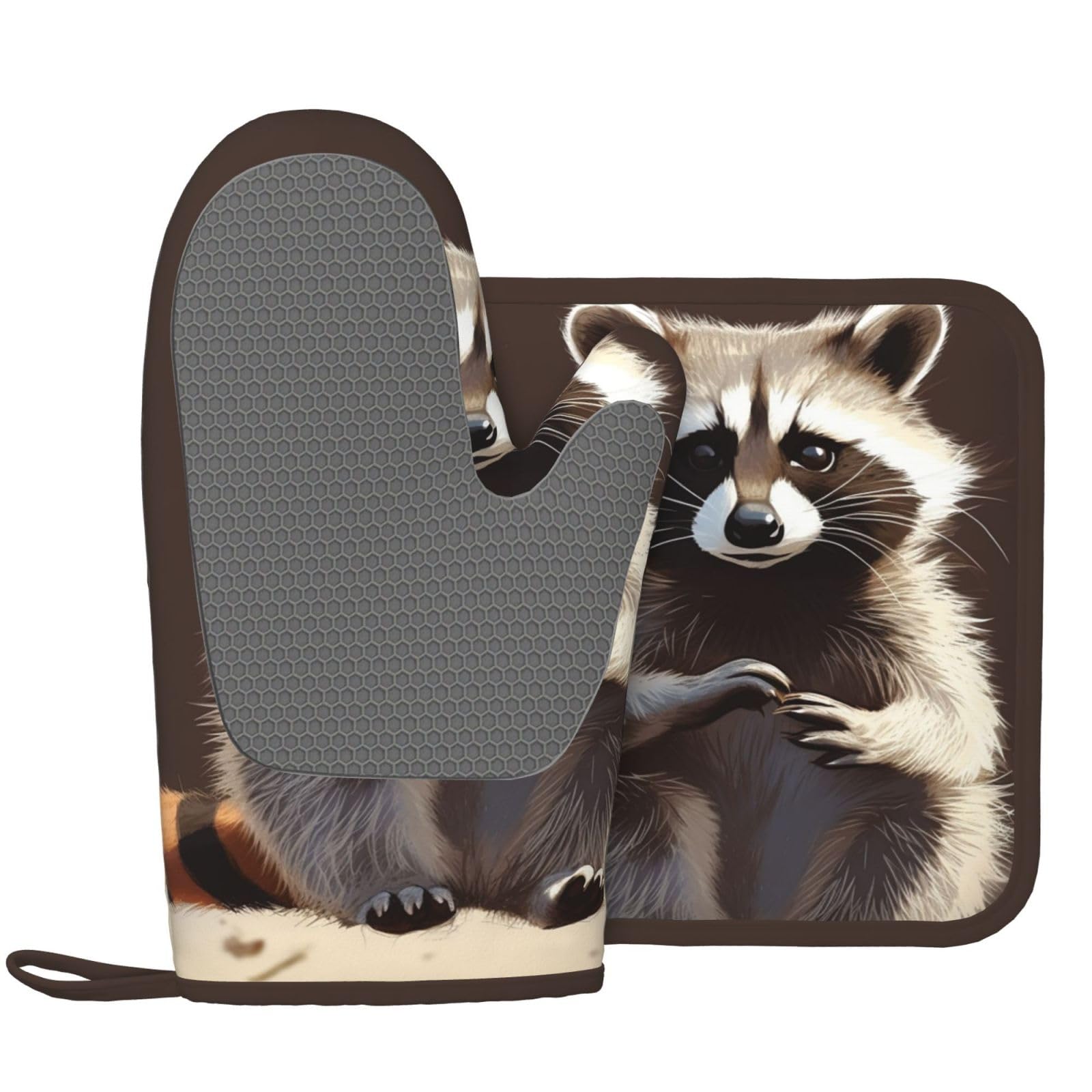 Cute Raccoon Printed Oven Mitts and Pot Holders Sets Heat Resistant Kitchen Oven Gloves Potholders Set Extra Long Non-Slip Silicone Gloves for Cooking Baking BBQ