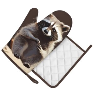 Cute Raccoon Printed Oven Mitts and Pot Holders Sets Heat Resistant Kitchen Oven Gloves Potholders Set Extra Long Non-Slip Silicone Gloves for Cooking Baking BBQ