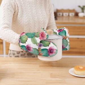 Cactus Flower Printed Oven Mitts and Pot Holders Sets Heat Resistant Kitchen Oven Gloves Potholders Set Extra Long Non-Slip Silicone Gloves for Cooking Baking BBQ