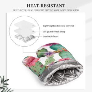 Cactus Flower Printed Oven Mitts and Pot Holders Sets Heat Resistant Kitchen Oven Gloves Potholders Set Extra Long Non-Slip Silicone Gloves for Cooking Baking BBQ