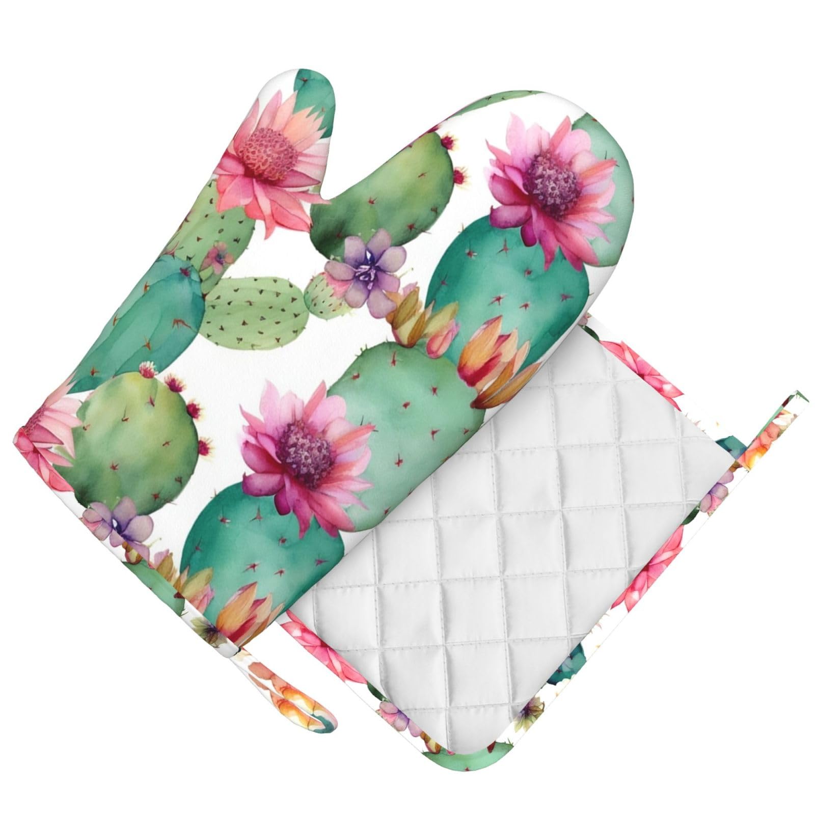 Cactus Flower Printed Oven Mitts and Pot Holders Sets Heat Resistant Kitchen Oven Gloves Potholders Set Extra Long Non-Slip Silicone Gloves for Cooking Baking BBQ