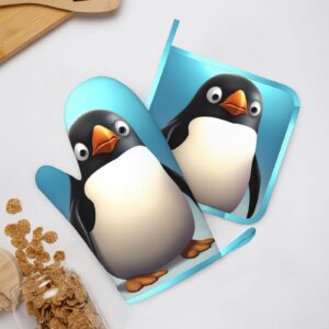 Cute Penguin Printed Oven Mitts and Pot Holders Sets Heat Resistant Kitchen Oven Gloves Potholders Set Extra Long Non-Slip Silicone Gloves for Cooking Baking BBQ