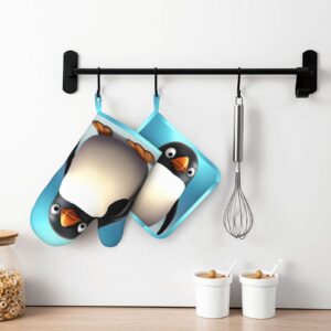 Cute Penguin Printed Oven Mitts and Pot Holders Sets Heat Resistant Kitchen Oven Gloves Potholders Set Extra Long Non-Slip Silicone Gloves for Cooking Baking BBQ