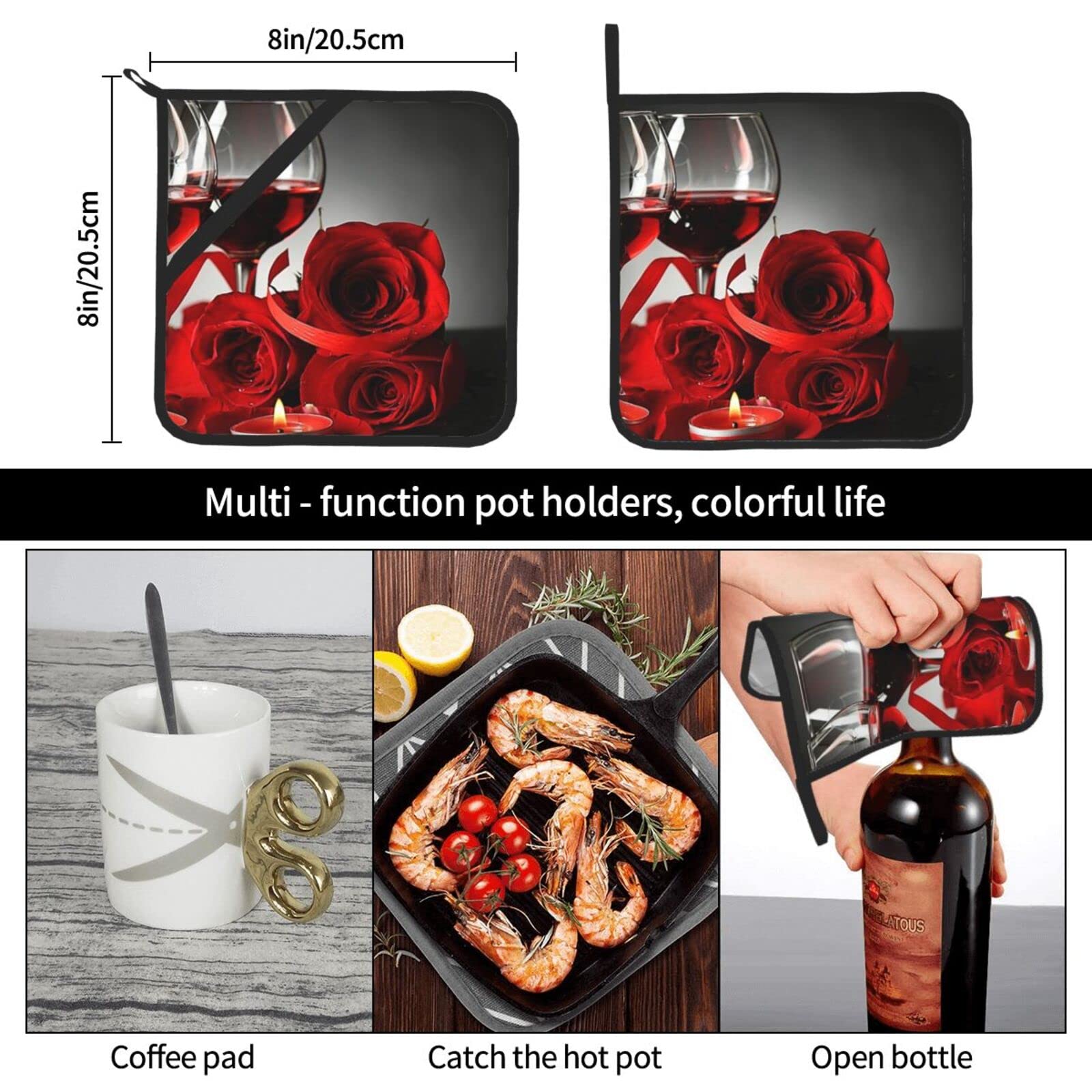 2pcs Pot Holders Sets,Red Rose Wine Glass and Candle,Kitchen Oven Glove High Heat Resistant 500 Degree Oven Mitts and Pot Holder,Surface Safe for Baking,Cooking,BBQ