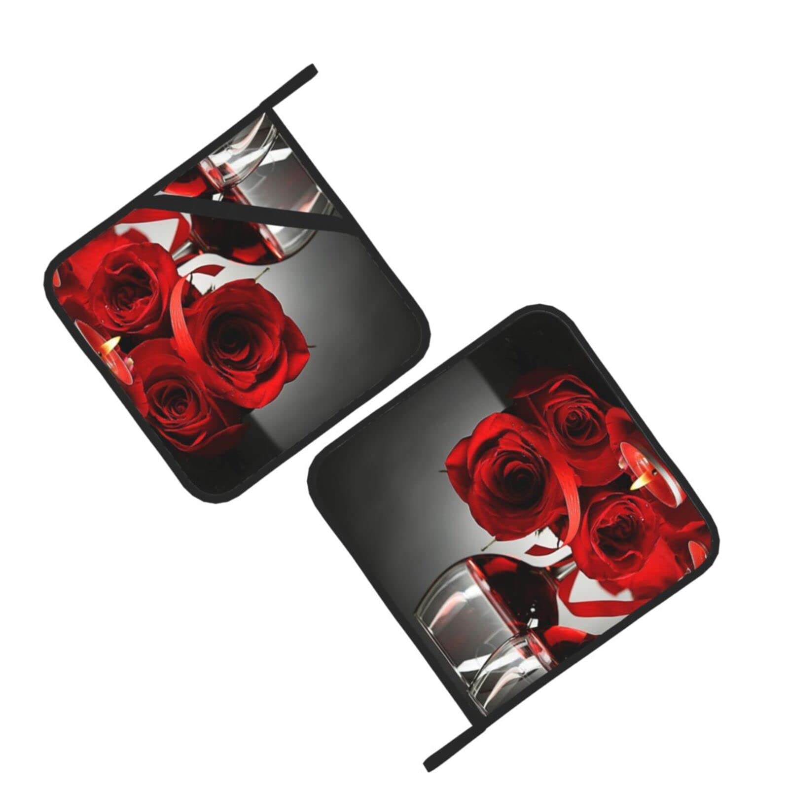 2pcs Pot Holders Sets,Red Rose Wine Glass and Candle,Kitchen Oven Glove High Heat Resistant 500 Degree Oven Mitts and Pot Holder,Surface Safe for Baking,Cooking,BBQ