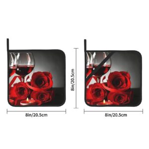 2pcs Pot Holders Sets,Red Rose Wine Glass and Candle,Kitchen Oven Glove High Heat Resistant 500 Degree Oven Mitts and Pot Holder,Surface Safe for Baking,Cooking,BBQ