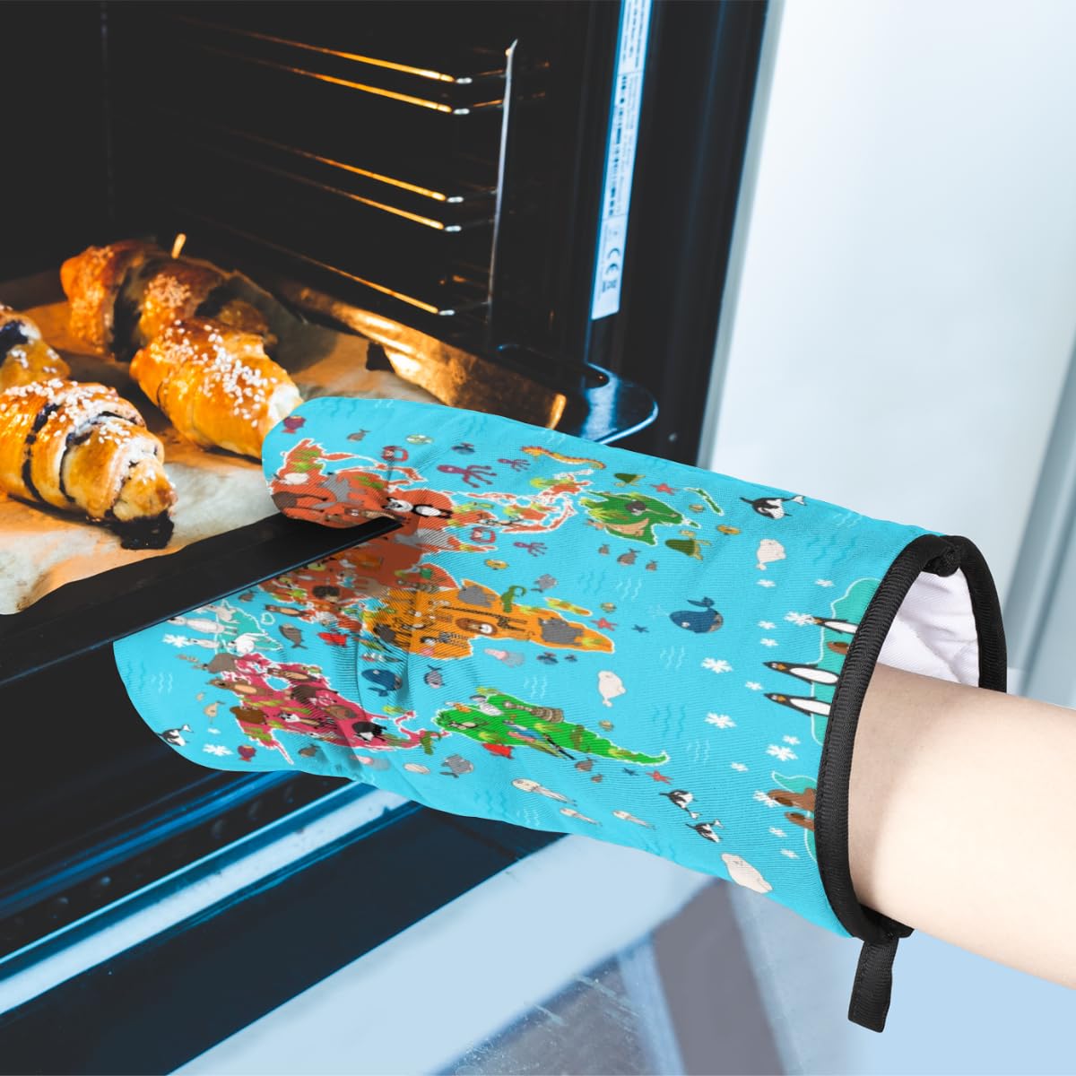 Cute Animal World Oven Mitts and Pot Holders Sets of 2 Heat Resistant Non-Slip Kitchen Gloves Hot Pads with Inner Cotton Layer for Cooking BBQ Baking Grilling