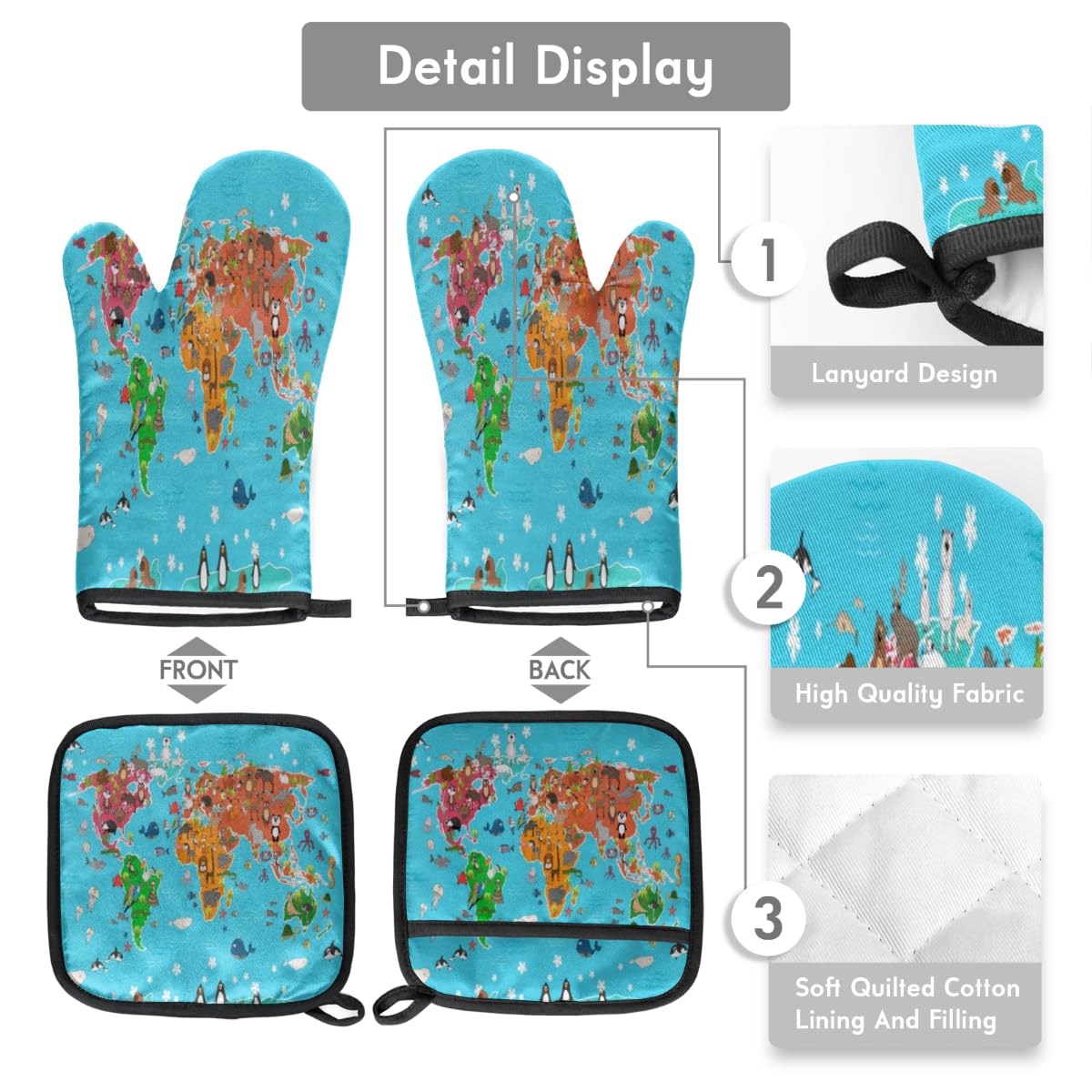 Cute Animal World Oven Mitts and Pot Holders Sets of 2 Heat Resistant Non-Slip Kitchen Gloves Hot Pads with Inner Cotton Layer for Cooking BBQ Baking Grilling