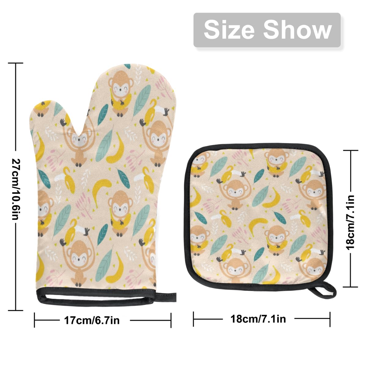 Cute Monkey Banana Oven Mitts and Pot Holders Sets of 2 Heat Resistant Non-Slip Kitchen Gloves Hot Pads with Inner Cotton Layer for Cooking BBQ Baking Grilling