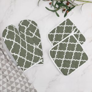 4Pcs Oven Mitts and Pot Holders Set, Classic Quatrefoil Pattern Olive Green and White Oven Mitts Gloves Set Heat Resistant Hot Pads for Kitchen Cooking Grill