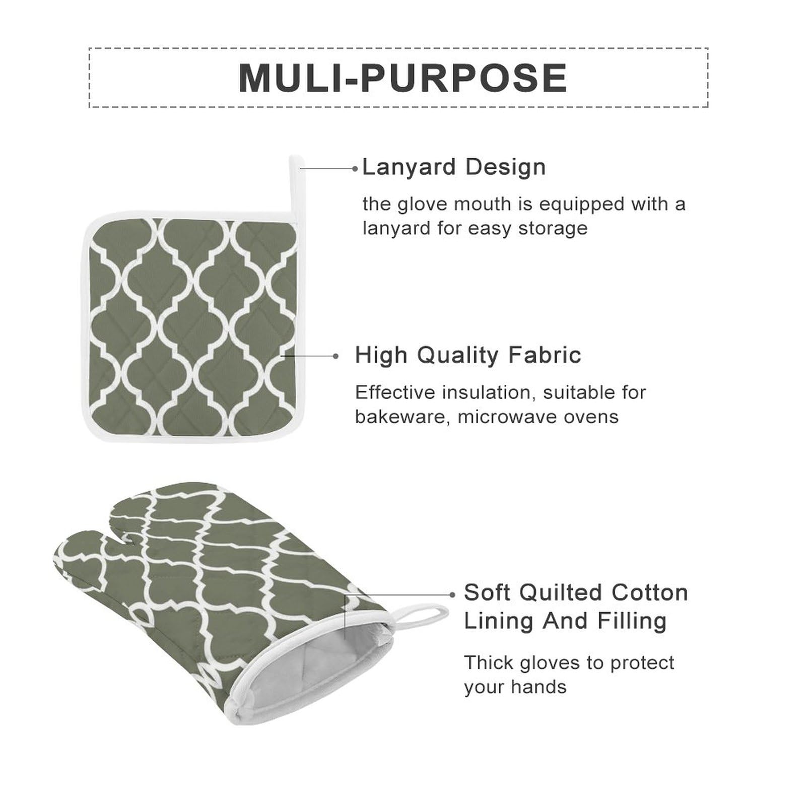 4Pcs Oven Mitts and Pot Holders Set, Classic Quatrefoil Pattern Olive Green and White Oven Mitts Gloves Set Heat Resistant Hot Pads for Kitchen Cooking Grill