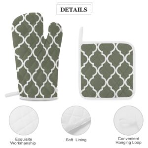 4Pcs Oven Mitts and Pot Holders Set, Classic Quatrefoil Pattern Olive Green and White Oven Mitts Gloves Set Heat Resistant Hot Pads for Kitchen Cooking Grill