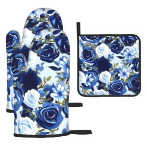 blue flower floral pattern roses oven mitts and pot holders setâ€“ultimate heat resistant set for kitchen and dining