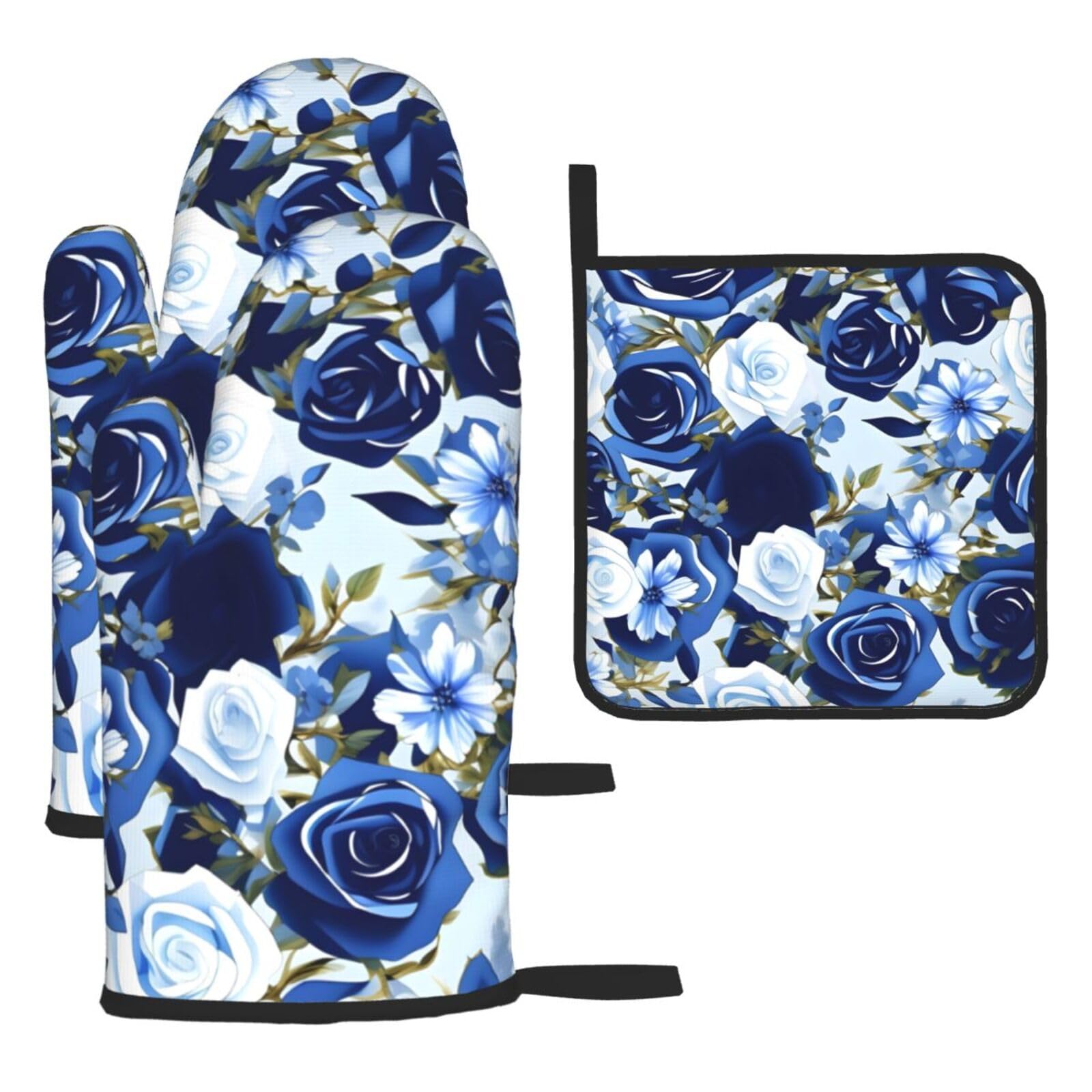 Blue Flower Floral Pattern Roses Oven Mitts and Pot Holders Setâ€“Ultimate Heat Resistant Set for Kitchen and Dining