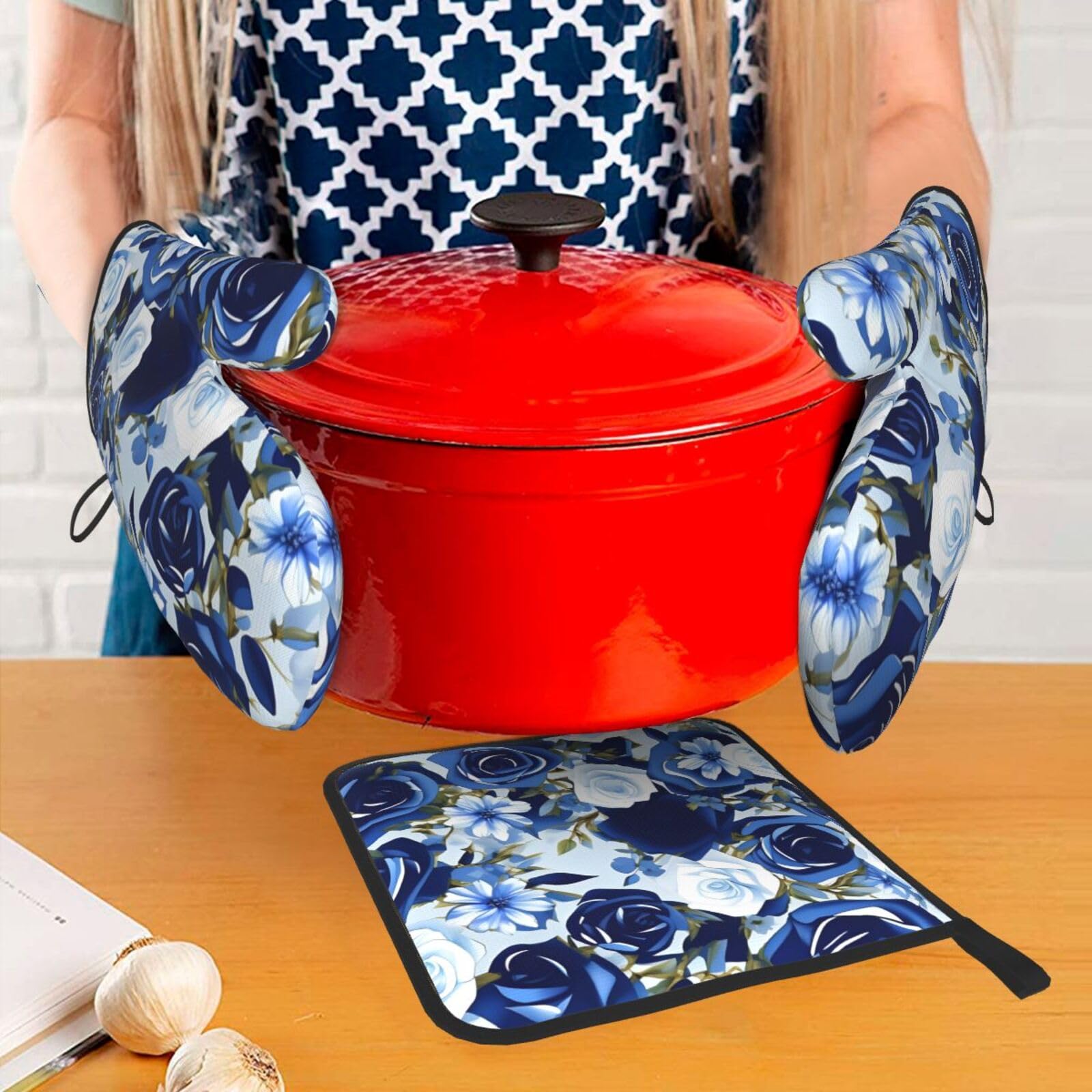 Blue Flower Floral Pattern Roses Oven Mitts and Pot Holders Setâ€“Ultimate Heat Resistant Set for Kitchen and Dining