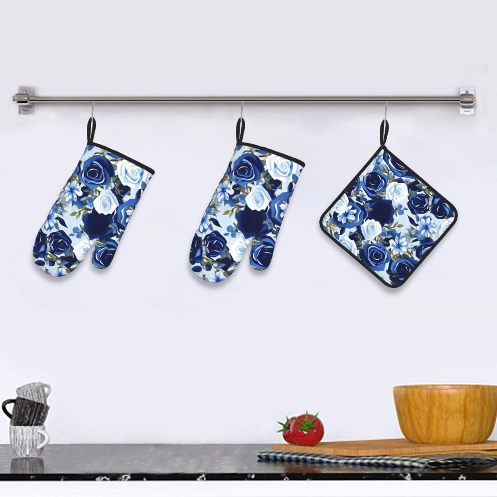 Blue Flower Floral Pattern Roses Oven Mitts and Pot Holders Setâ€“Ultimate Heat Resistant Set for Kitchen and Dining