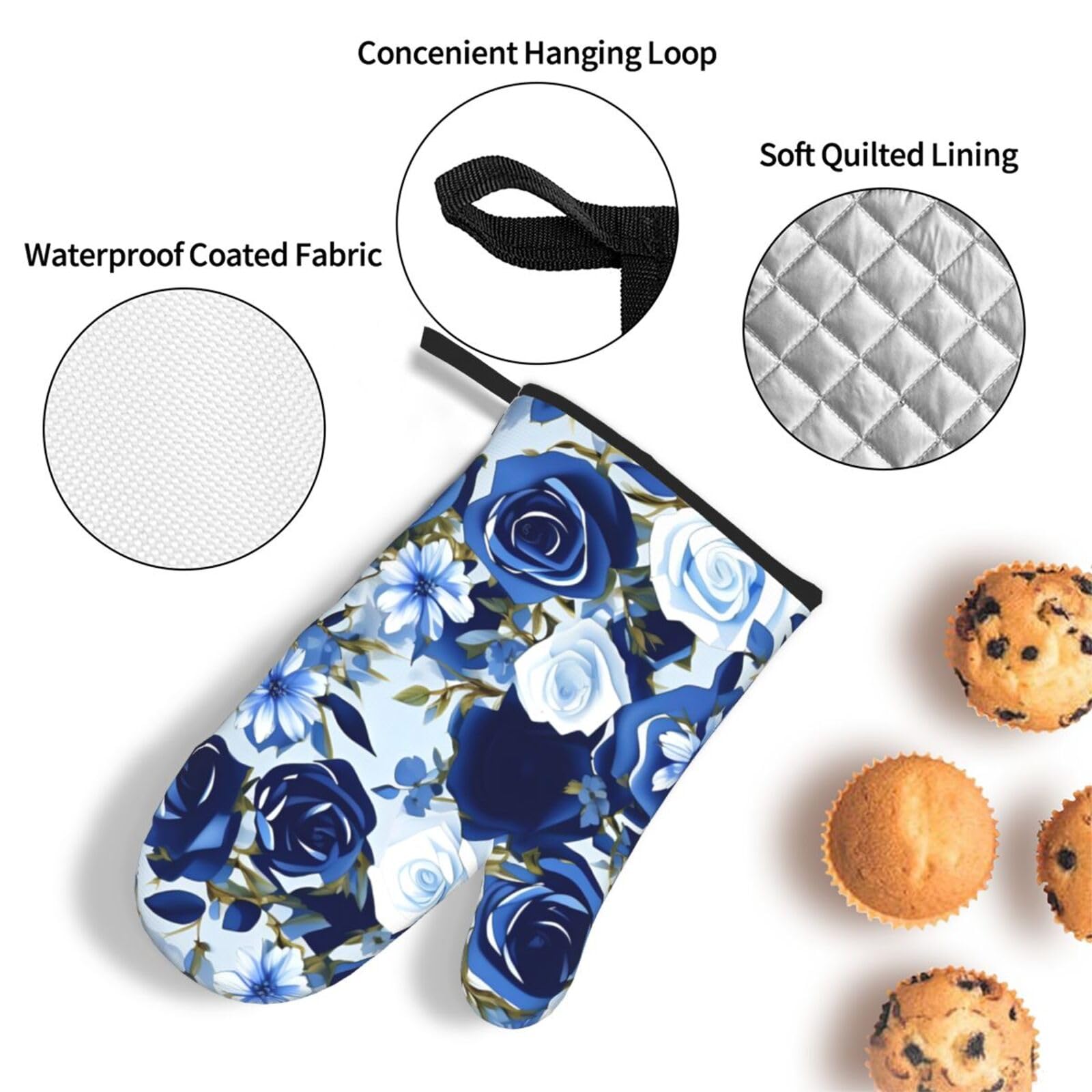 Blue Flower Floral Pattern Roses Oven Mitts and Pot Holders Setâ€“Ultimate Heat Resistant Set for Kitchen and Dining