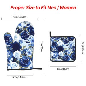 Blue Flower Floral Pattern Roses Oven Mitts and Pot Holders Setâ€“Ultimate Heat Resistant Set for Kitchen and Dining