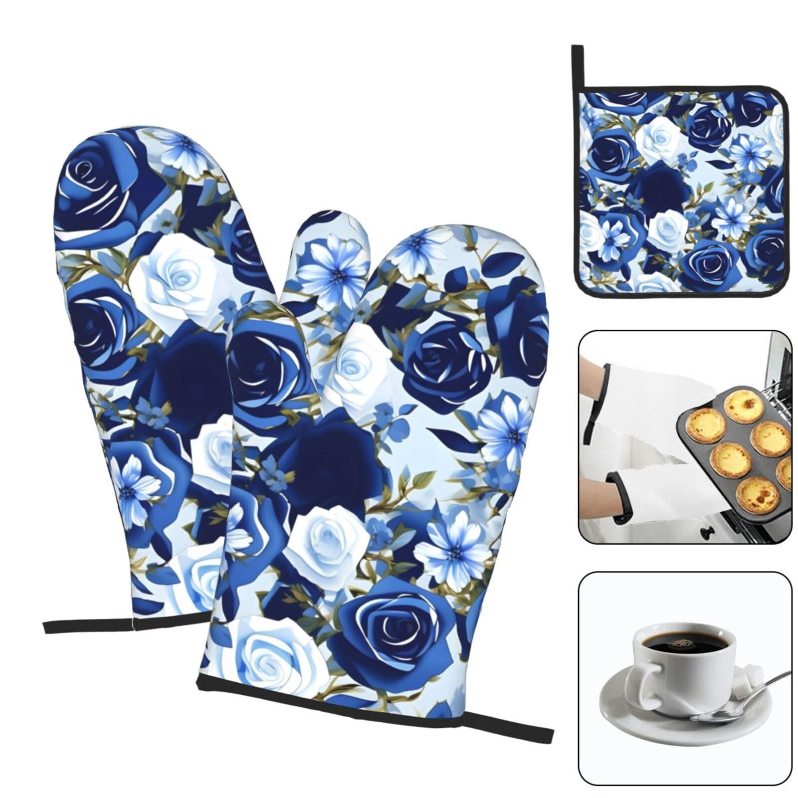 Blue Flower Floral Pattern Roses Oven Mitts and Pot Holders Setâ€“Ultimate Heat Resistant Set for Kitchen and Dining