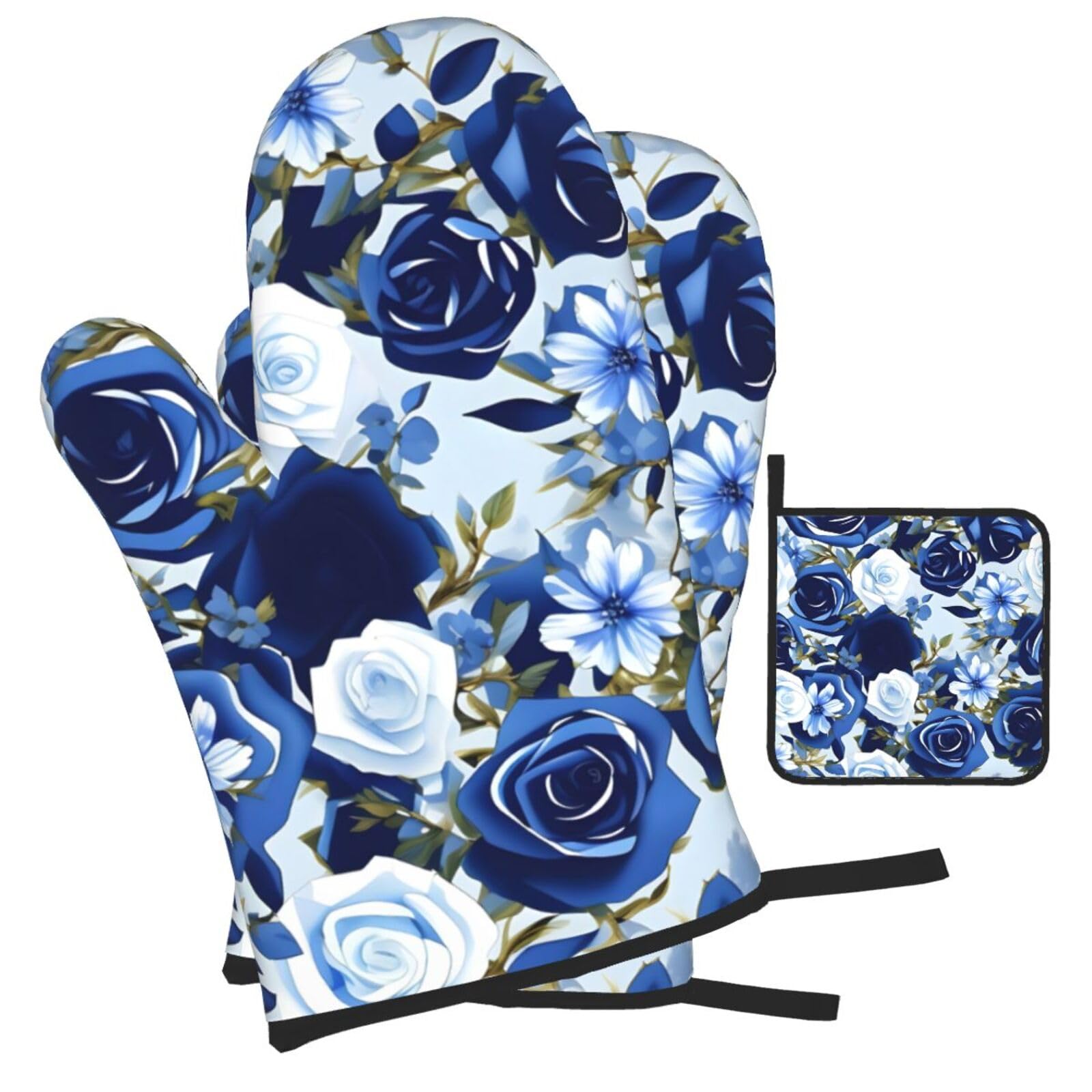 Blue Flower Floral Pattern Roses Oven Mitts and Pot Holders Setâ€“Ultimate Heat Resistant Set for Kitchen and Dining