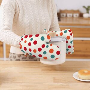 Polka Dot Printed Oven Mitts and Pot Holders Sets Heat Resistant Kitchen Oven Gloves Potholders Set Extra Long Non-Slip Silicone Gloves for Cooking Baking BBQ