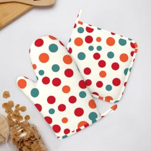 Polka Dot Printed Oven Mitts and Pot Holders Sets Heat Resistant Kitchen Oven Gloves Potholders Set Extra Long Non-Slip Silicone Gloves for Cooking Baking BBQ