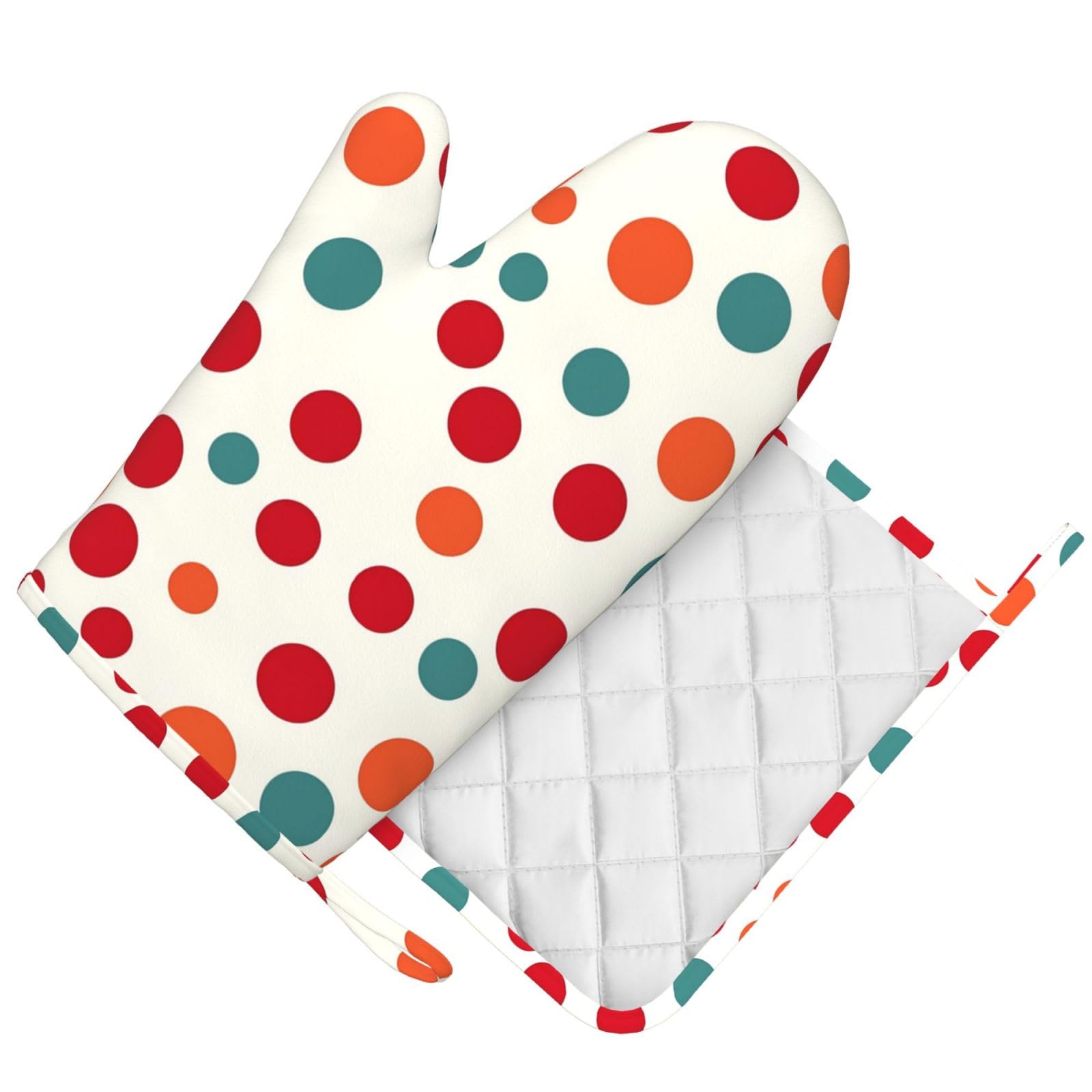 Polka Dot Printed Oven Mitts and Pot Holders Sets Heat Resistant Kitchen Oven Gloves Potholders Set Extra Long Non-Slip Silicone Gloves for Cooking Baking BBQ