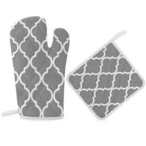 2pcs oven mitts and pot holders set, classic quatrefoil pattern grey and white oven mitts gloves set heat resistant hot pads for kitchen cooking grill