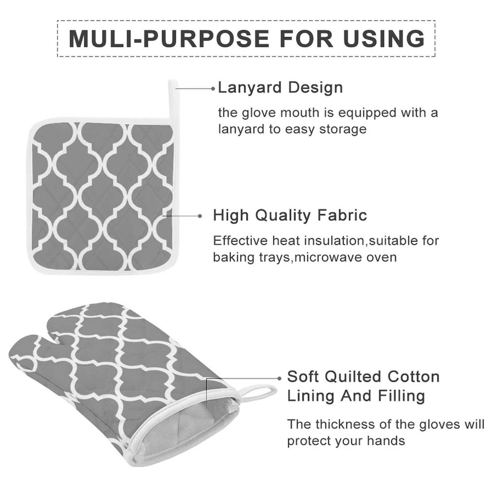2Pcs Oven Mitts and Pot Holders Set, Classic Quatrefoil Pattern Grey and White Oven Mitts Gloves Set Heat Resistant Hot Pads for Kitchen Cooking Grill